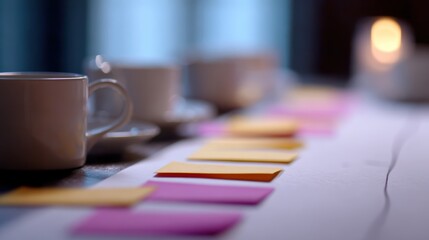 Team planning project timeline on board, sticky notes and coffee cups, casual creative meeting,