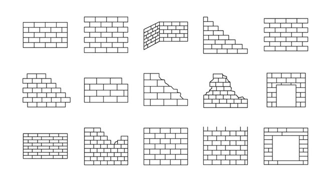 Collection of simple linear brick wall outline illustrations, featuring various designs like straight walls, broken sections, staircases, and openings for doors or windows, suitable for web, books