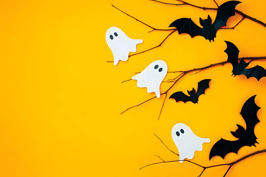 Happy halloween holiday concept. Halloween decorations, bats, ghosts on orange background. Halloween party greeting card mockup with copy space. Flat lay, top view, overhead.