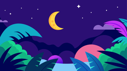 Fototapeta premium Night scene with moon and tropical plants