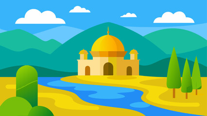 Cartoon mosque landscape with river and trees