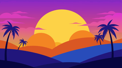 Sunset scene with palms and rolling hills