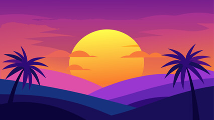 Sunset landscape with palm trees and hills