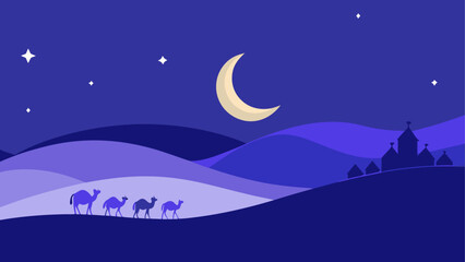 Obraz premium Camels walking in desert under moon night