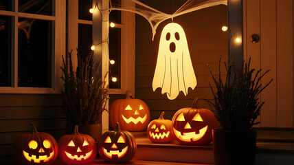 Obraz premium Spooky Halloween Night with Glowing Jack-O'-Lanterns and Hanging Ghost Decorations on Porch