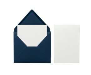 Blue envelope with blank white card png isolated on transparent background