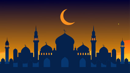 Silhouette of mosque with crescent moon
