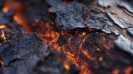Molten Lava Texture Flowing Through Dark Volcanic Rock CloseUp View