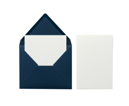Blue envelope with blank white card png isolated on transparent background