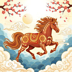 A majestic horse gallops amidst swirling clouds and delicate blossoms, embodying the spirit of the chinese zodiac with grace and power
