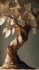 Paper Sculpture of Bonsai Tree with Delicate Leaves and Textured Bark, Neutral Tones
