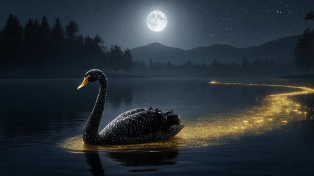 schwarzer Schwan mit Glitzer schwimmt &uuml;ber einen See und hinterl&auml;sst eine goldene Spur - es ist nach und der Vollmond scheint
