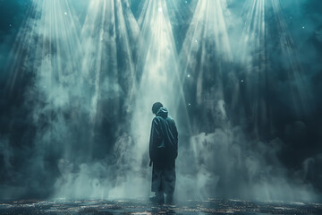 Obraz premium ステージに立つ日本人パフォーマーの後ろ姿 光と煙の演出