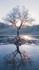 Reflective Chrome Tree Sculpture with Bare Branches Against a Blurred Mountain Landscape Backdrop