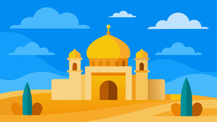 Golden mosque under a blue sky with clouds