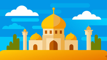 Cartoon mosque under a cloudy blue sky