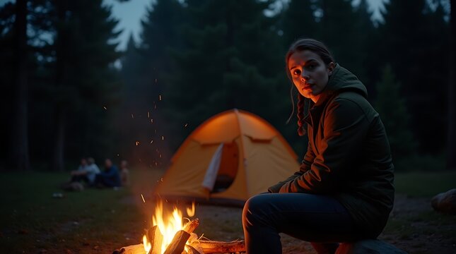Woman sitting by campfire at night with tent in background, camping adventure