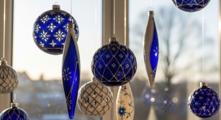 Elegant blue and white glass ornaments hanging in a window with natural daylight. This modern decoration creates a sophisticated and festive winter mood. Perfect for stylish holiday decor themes.