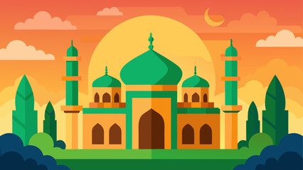 Illustration of a mosque at sunset time