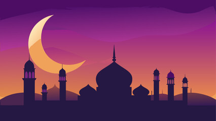 Silhouette of mosque with crescent moon sky © ruposhi