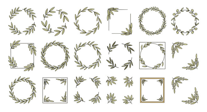 Set of elegant olive branch frames and corner elements, perfect for invitations, greeting cards, and natural-themed designs. Vector cartoon illustration on a clean white background, showcasing