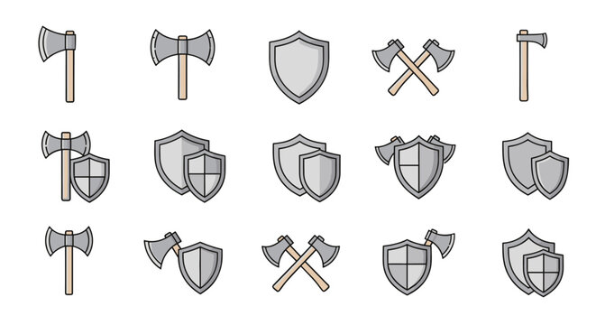 Collection of minimalistic thin line icons featuring axes and shields, symbolizing protection, battle, and medieval themes. Ideal for web design, graphic applications, banners, social media, and card