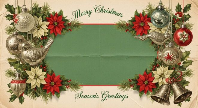 Vintage Christmas card illustration with ornaments, poinsettias, bells, and a green banner for text. - Powered by Adobe