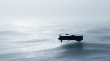 Floating piano over ocean surface, surreal music concept,