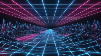 Retro-futuristic neon grid landscape with glowing blue and pink lines extending into a vanishing point, creating a digital synthwave aesthetic. - Powered by Adobe