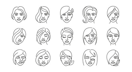 Set of 15 diverse female faces in a minimalist linear style, showcasing various hairstyles, expressions, and subtle beauty elements like leaves and water droplets, perfect for branding, logos, and