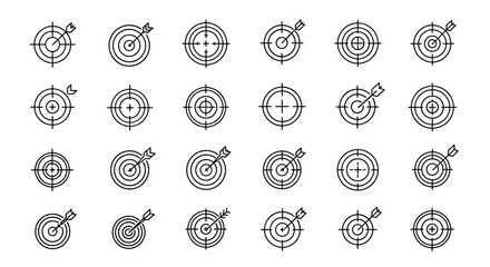 Set of 24 target icons with arrows and crosshairs, representing focus, accuracy, and goals. Clean line art vector illustrations on a white background, perfect for business, sports, and strategy