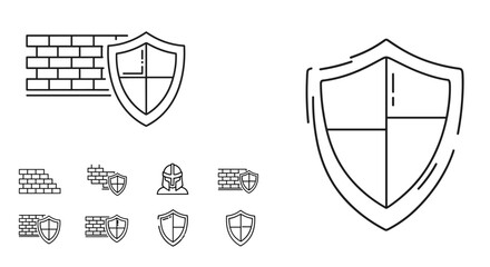 Set of minimalistic linear icons and symbols representing security, protection, and defense, featuring brick walls and shields. Ideal for web design, app interfaces, banners, social media graphics