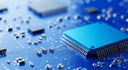Close up of a blue circuit board with microchips and electronic components
