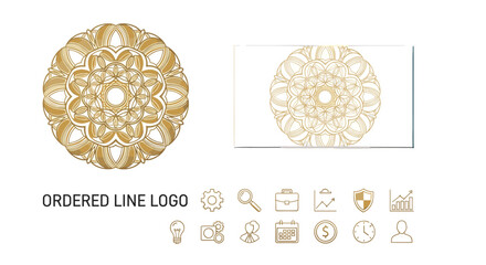 Elegant golden mandala logo design with a business card mockup, complemented by a set of clean, modern line icons representing business concepts like gears, search, briefcase, charts, shield