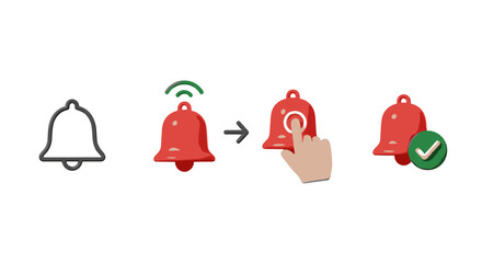3D animation sequence illustrating the process of subscribing to notifications, starting with a bell outline, then a ringing red bell, a hand pressing the bell, and finally a bell with a green