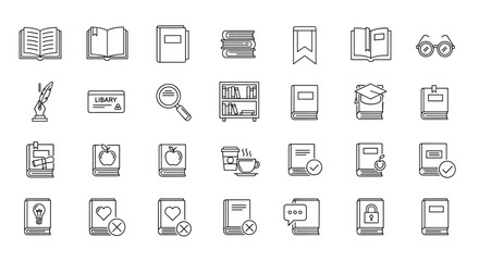 Collection of 30 editable stroke line icons related to books and reading, including open books, closed books, stacks of books, bookmarks, library cards, magnifying glasses, bookshelves, graduation