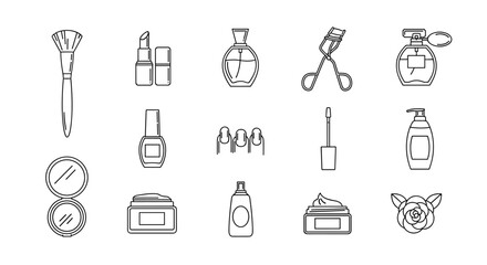 A collection of clean, minimalist line art icons representing various beauty and cosmetic products, perfect for graphic design, web development, app interfaces, and advertising materials. This vector