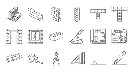 Comprehensive set of thin line icons representing brick walls, floor plans, building elements, and construction tools, perfect for graphic design, web development, app interfaces, advertisements, and