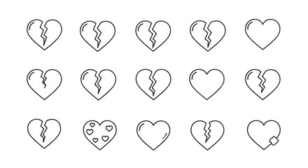 Collection of minimalistic line icons representing broken hearts, symbolizing heartbreak, sadness, and emotional pain. Includes various styles of cracked hearts, some with bandages, perfect for web