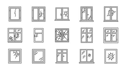 Collection of minimalistic thin line icons representing various types of broken windows, including cracked, shattered, and bullet-holed glass, suitable for web, graphic design, apps, banners, social