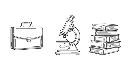 A minimalist vector illustration featuring a classic briefcase, a scientific microscope, and a stack of books, all rendered in a clean, thin-line art style, perfect for educational, business, or