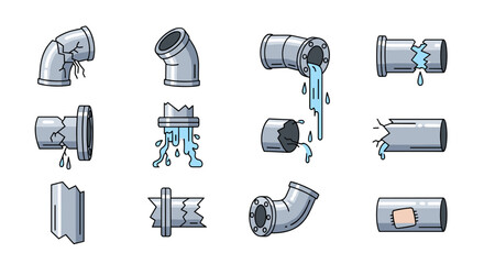 Set of cartoon vector illustrations depicting various broken and leaking pipes, including cracked elbows, flanges, and straight sections with water drips and patches, presented on a clean white