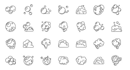 Collection of outline line icons representing bubbles and foam, perfect for graphic and web design, apps, adverts, and various cards. This vector cartoon illustration features a clean white