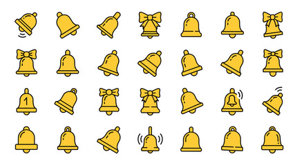 Collection of yellow bell icons, featuring minimalistic linear pictograms with filled color. Ideal for web and graphic design, apps, banners, social networks, and cards, offering a versatile and