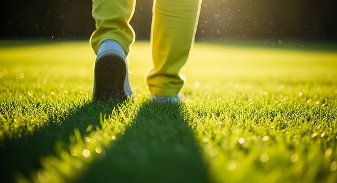 Person walking through sunlit grass with long shadow