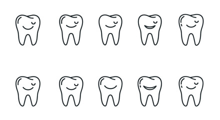 Set of ten smiling tooth icons with a clean, thin line art style, isolated on a white background, perfect for web, books, cards, and apps, representing dental health and positive oral hygiene with a