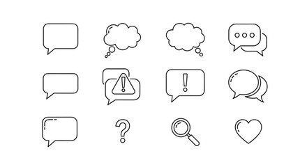 A collection of minimalistic linear speech bubble icons, including thought bubbles, question marks, exclamation points, hearts, and a magnifying glass, perfect for web design, graphic design, app