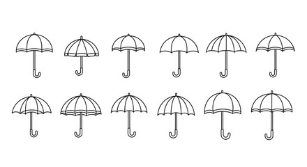Set of 12 simple line art umbrellas and parasols, each with a curved handle and a classic dome shape, arranged in two rows on a clean white background, perfect for weather or fashion themes.