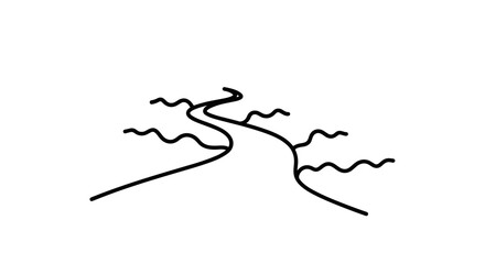 A minimalist black line icon representing a winding river with stylized waves on either side, symbolizing nature, water, and flow, perfect for environmental or travel-related designs.