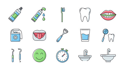 A collection of minimalistic linear vector cartoon illustrations representing dental hygiene and care, featuring toothpaste tubes, a toothbrush, a healthy tooth, a smiling mouth, a tongue cleaner, a